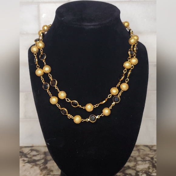 Austrian Crystal Open Back Bezel Necklace Black Gold Vintage Estate - Picture 1 of 10
